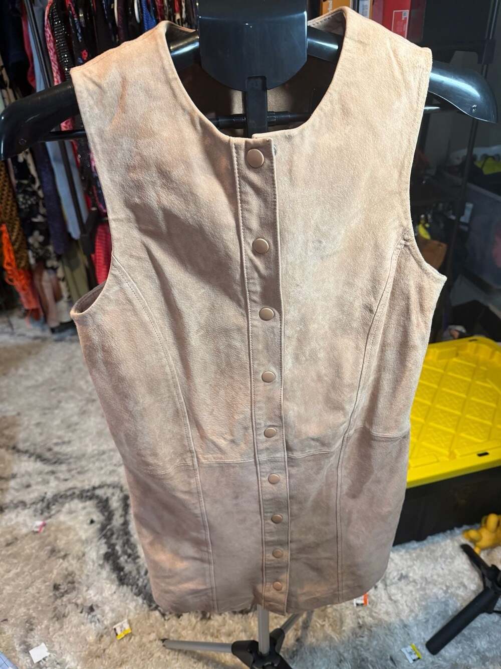 Mango Genuine Leather Suede Button-Front Sleeveless Mini Dress
